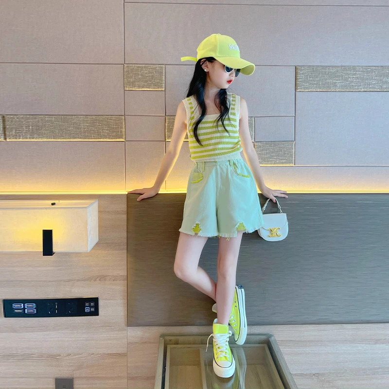 大童女夏装2025新款套装女童网红炸街背心女孩夏款牛仔短裤两件套