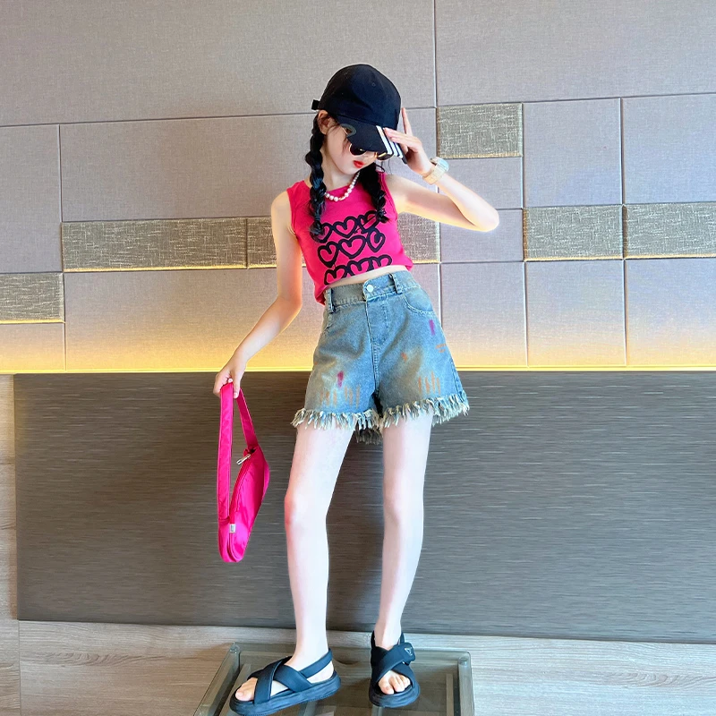 女童背心短裤套装夏季儿童裤子2025新款牛仔裤夏款时髦洋气炸街潮