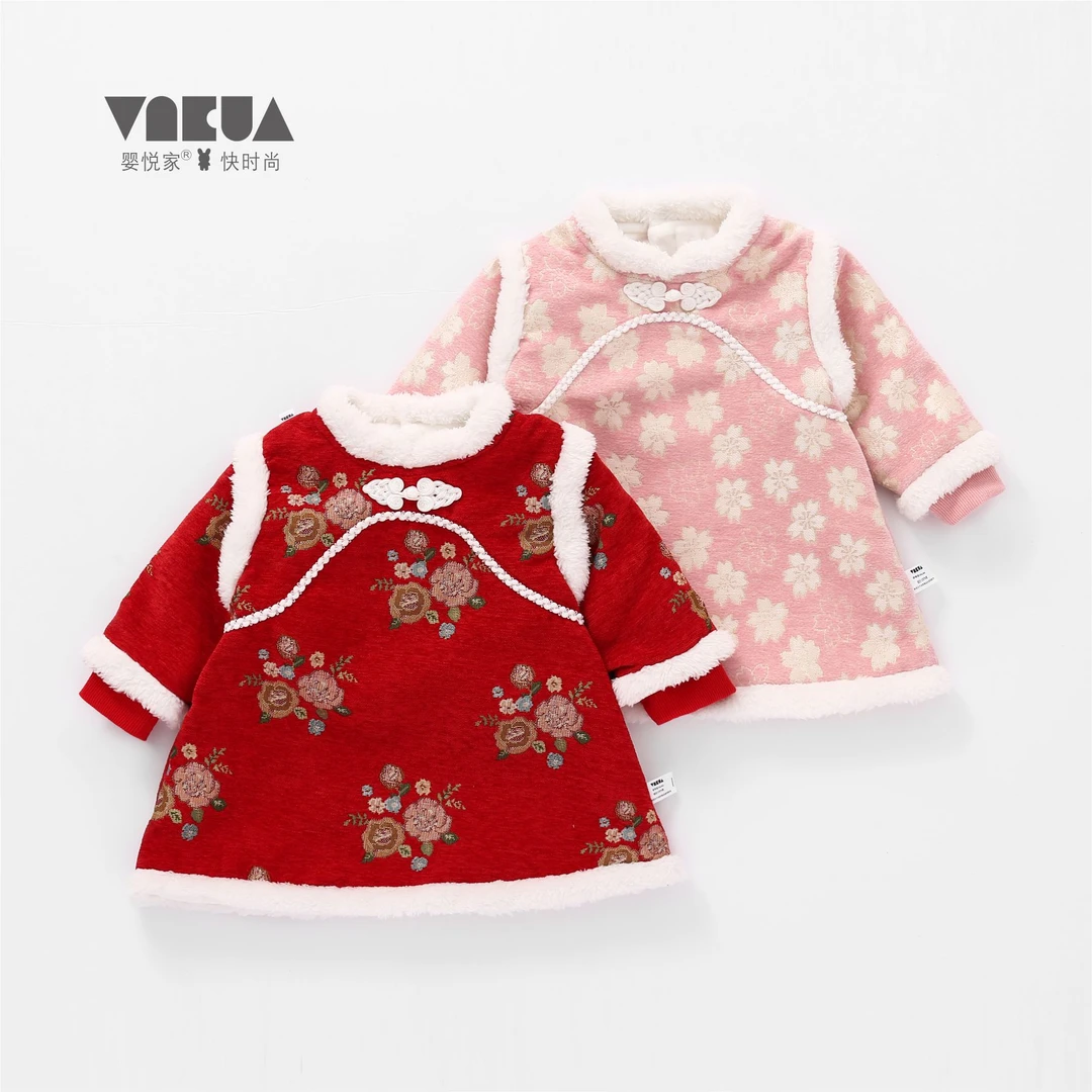 婴悦家女宝宝冬季0-3岁婴幼儿加绒大红喜庆年服连衣裙 86675