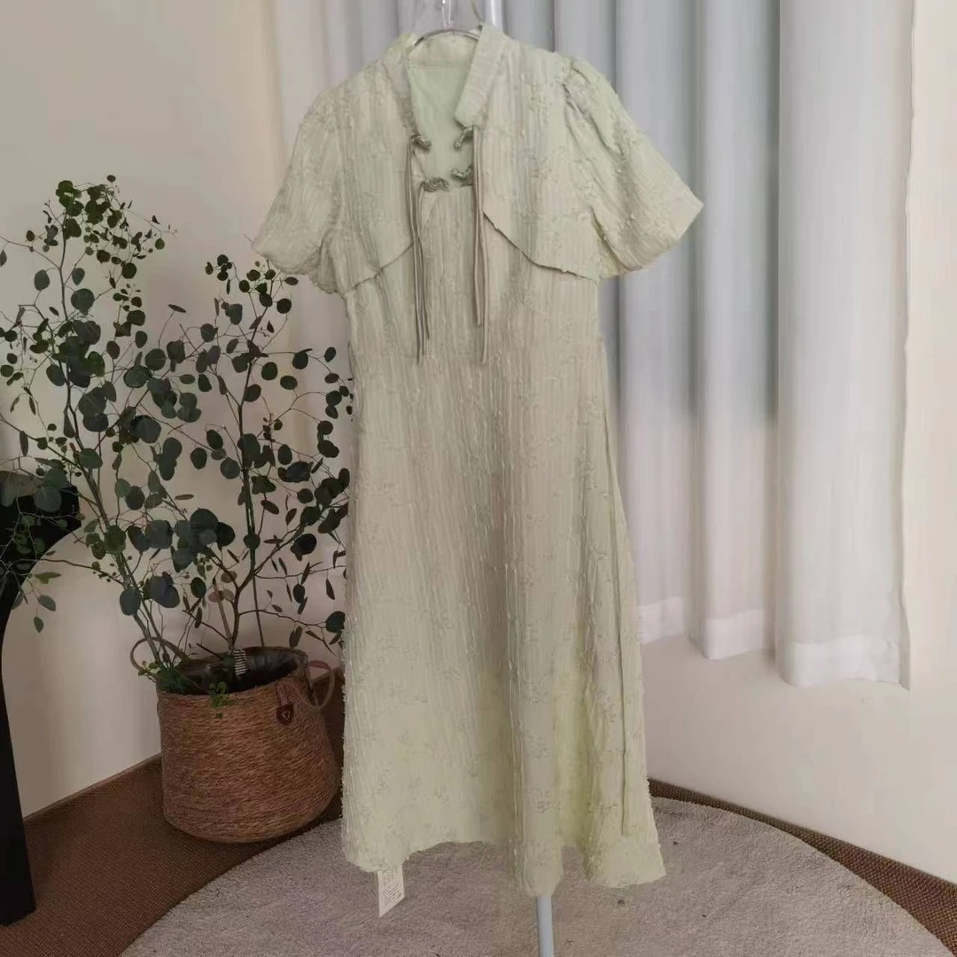 新中式绿色旗袍连衣裙女夏季复古国风小个子泡泡袖N7XXQ326