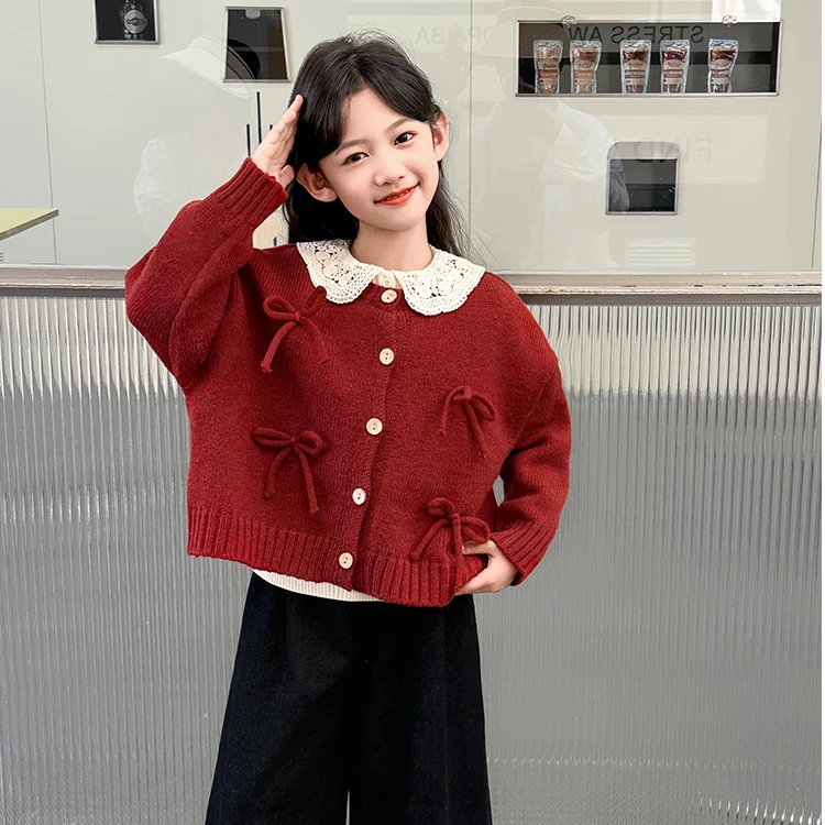 韩国童装2024秋冬新品女童蝴蝶结毛衣外套宝宝甜美针织开衫上衣潮