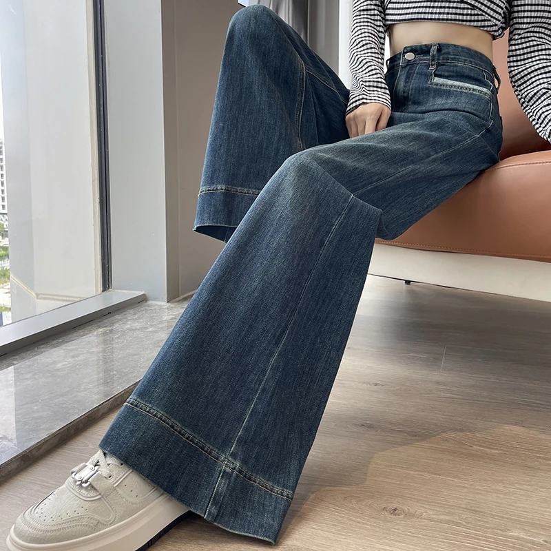 美式复古阔腿牛仔裤女春秋季2025新款高腰宽松垂坠感弹力拖地长裤