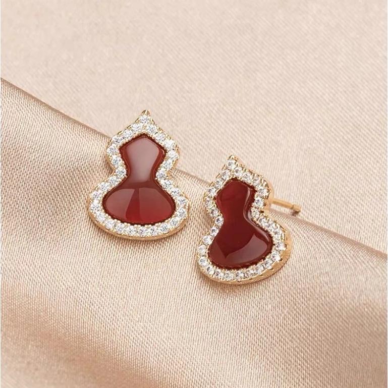 铜合金合成锆石耳饰 K0006简约高级感小众设计气质金色葫芦耳钉