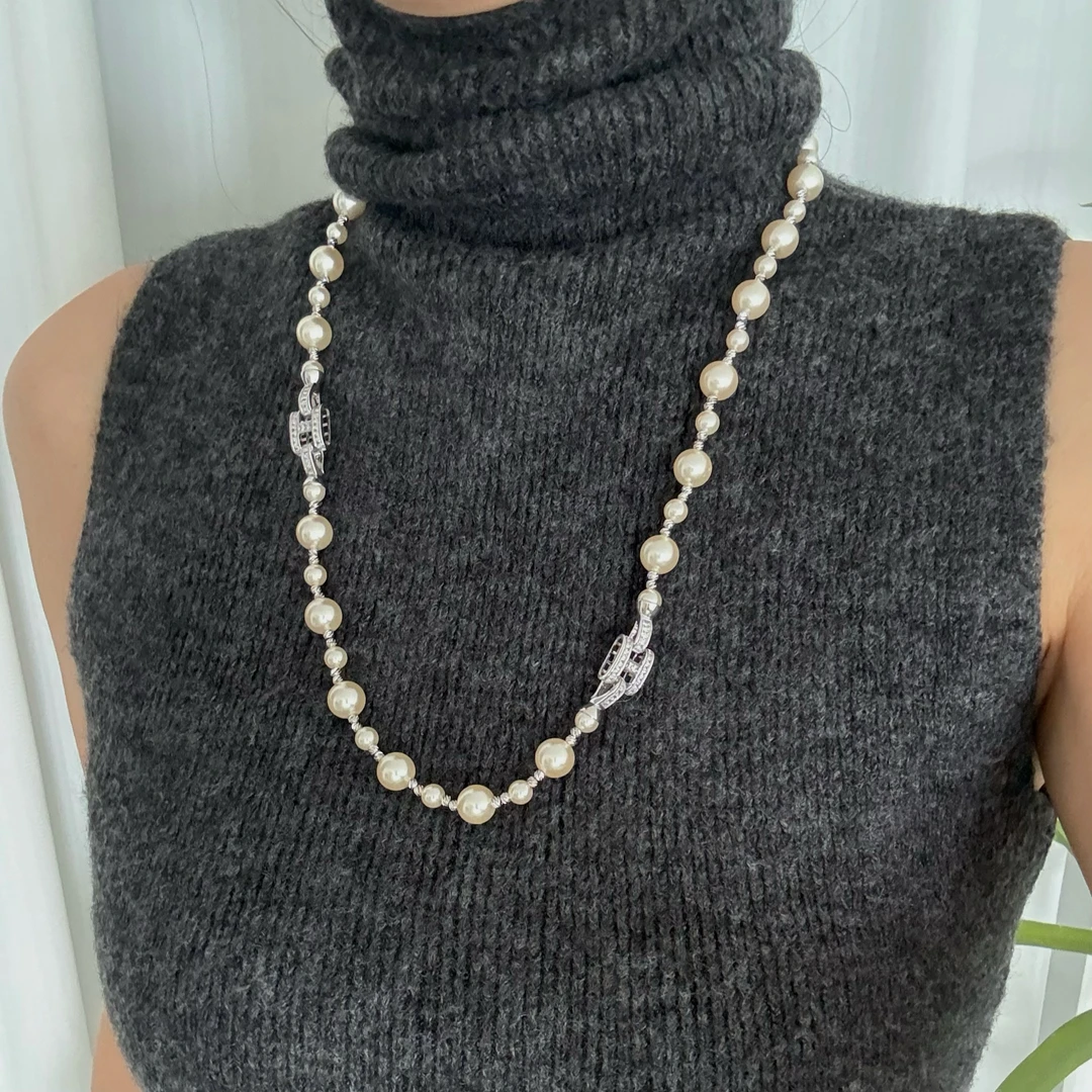 铜合金仿珍珠项链 链子轻奢小众链条白色百搭毛衣气质手工链颈链