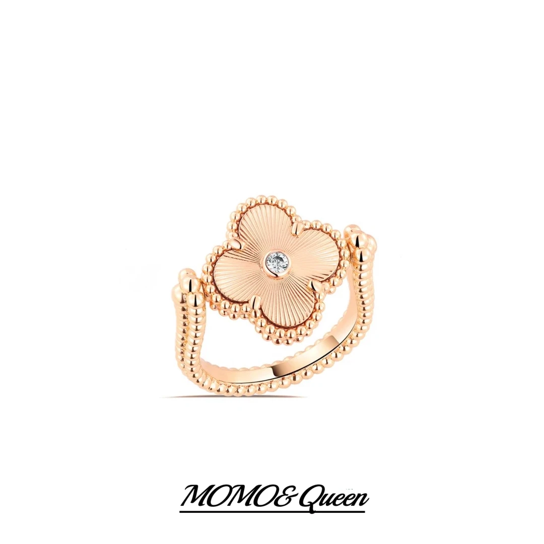 铜合金合成锆石戒指 R0011轻奢高级小众设计反转四叶花戒指