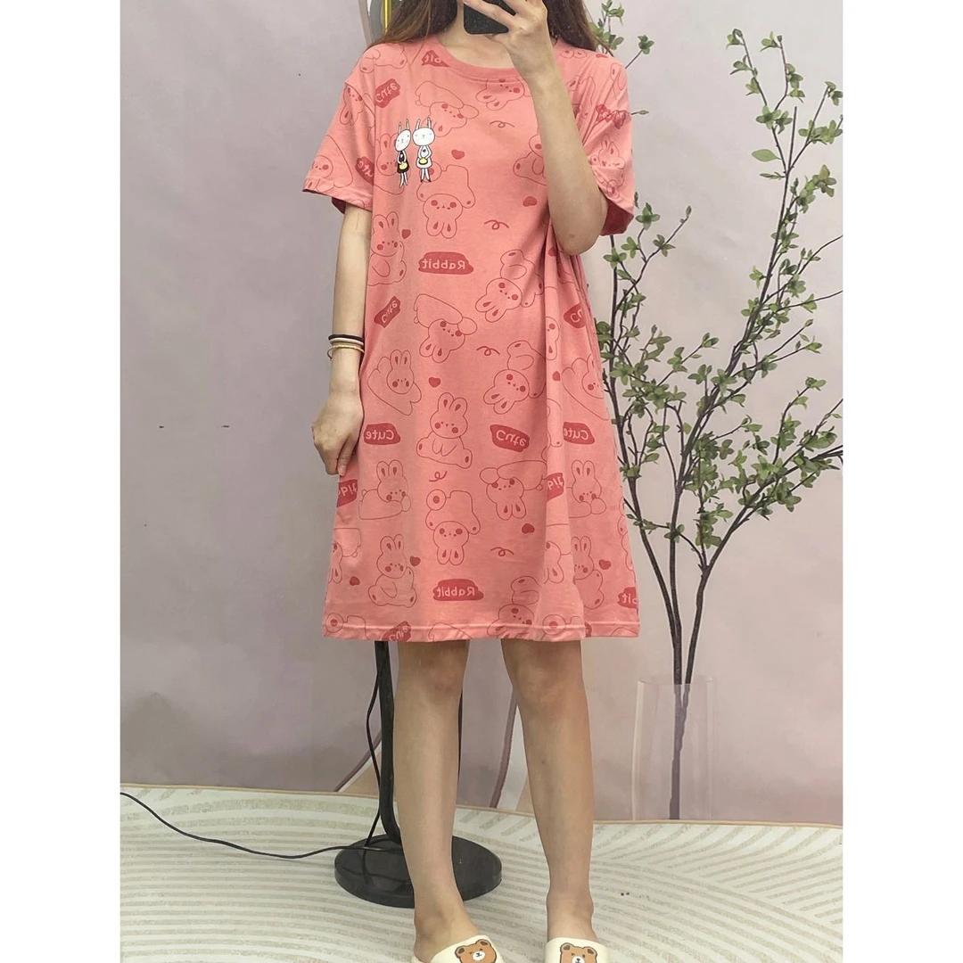 春夏季100%纯棉睡裙女韩版短袖睡裙薄款甜美舒适宽松可居家可外出