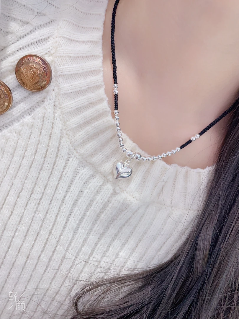 坠链均足银 足银爱心手工编织项链时尚潮流简约百搭