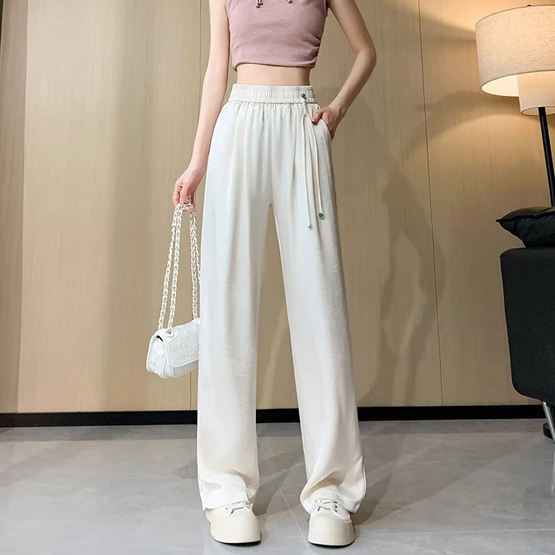 国风薄款显瘦外穿高腰垂感宽松直筒松紧腰休闲拖地杏色冰丝阔腿裤