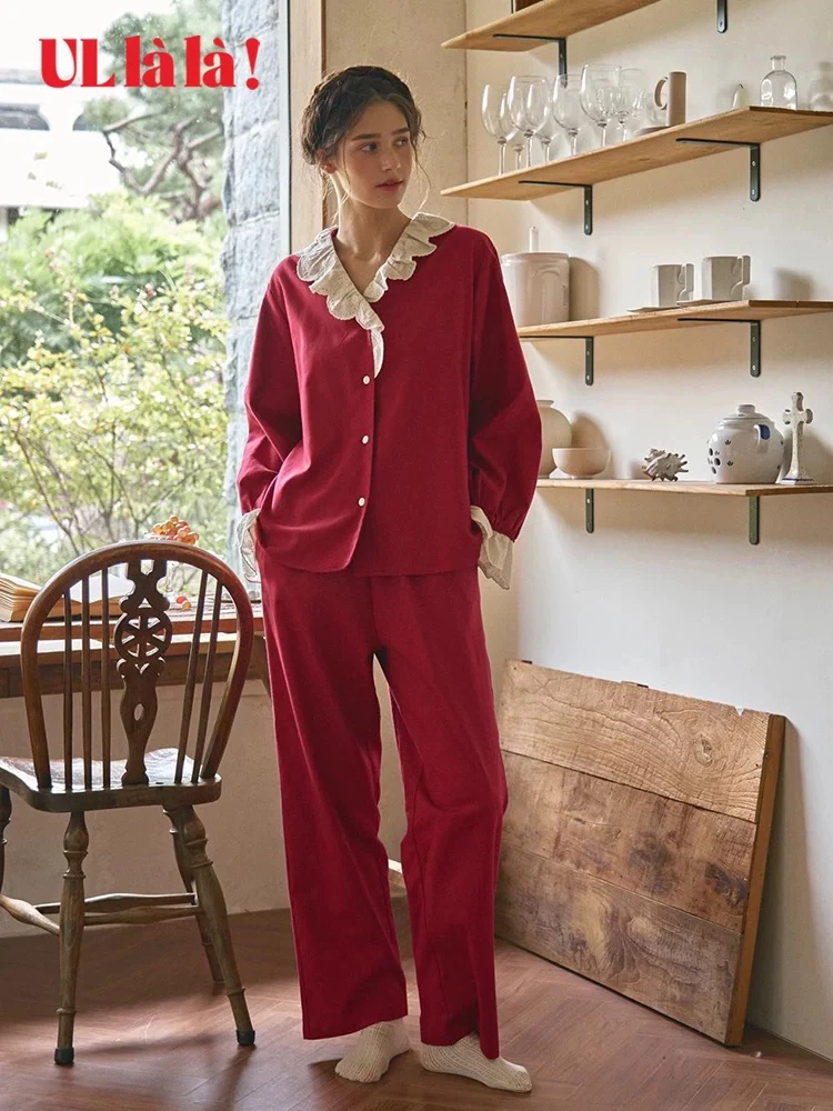 UL家 开衫款 蕾丝边 纯色系列 家居服套装女