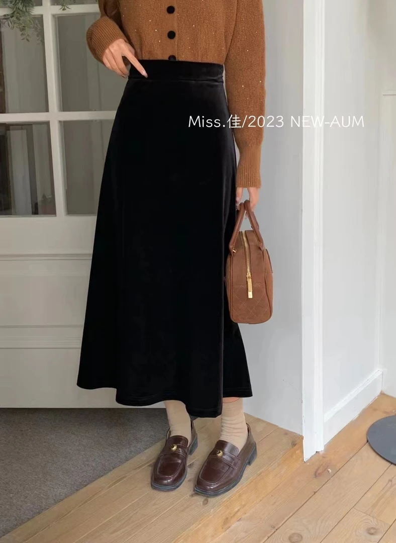 丝绒半身裙显瘦半身裙气质时尚百搭黑色复古中长款冬季高腰
