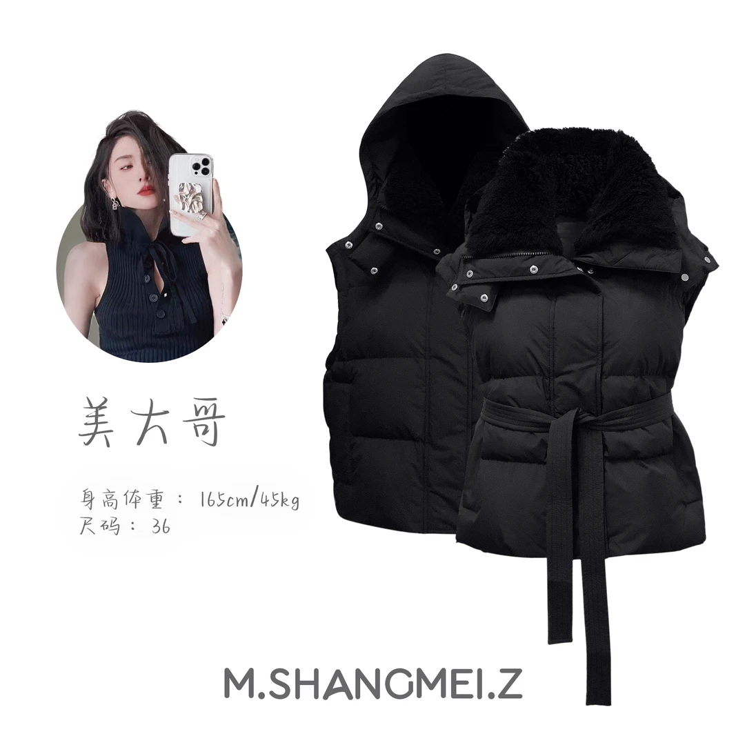 M.SHANGMEI.Z/沐熙美大哥冬季时尚轻暖感加绒羊毛领羽绒马甲x0735