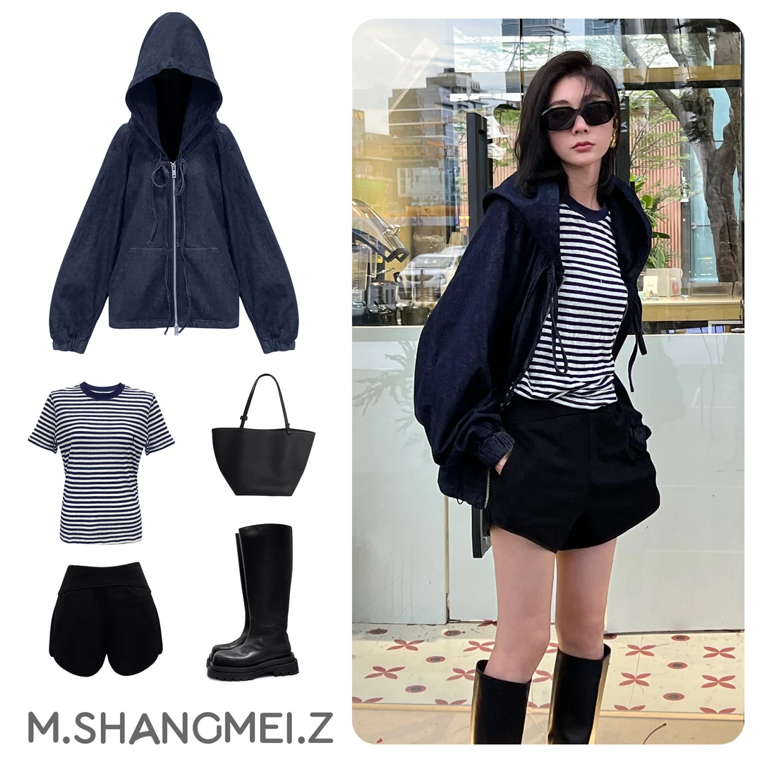 M.SHANGMEI.Z/沐熙潮流小个子春秋加绒极简风ins拼接连帽衫x0702