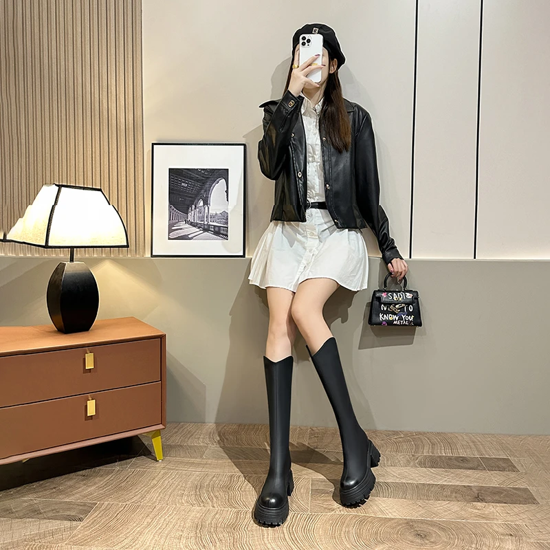 小个子长筒靴女9cm高跟显瘦不过膝长靴内增高厚底v口靴子女长筒靴