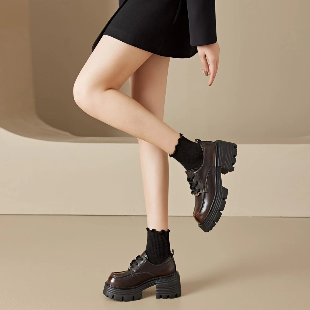 圆头绑带百搭厚底增高7cm英伦风小皮鞋女显脚小乐福鞋女春秋新款