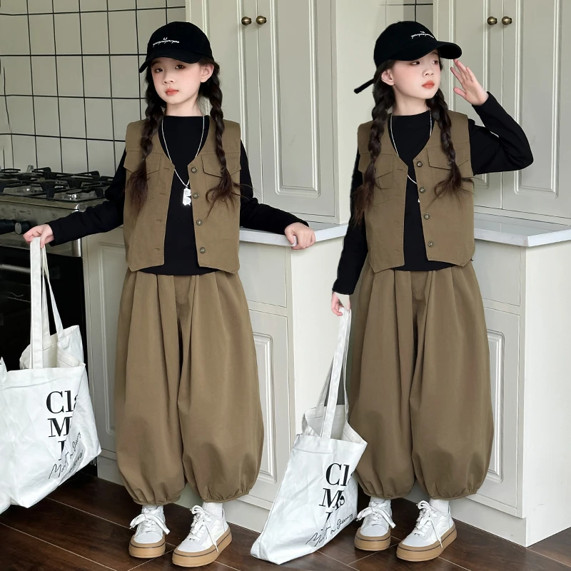 女童春秋套装2024新款6-12岁15岁中大儿童装洋气马甲灯笼裤三件套