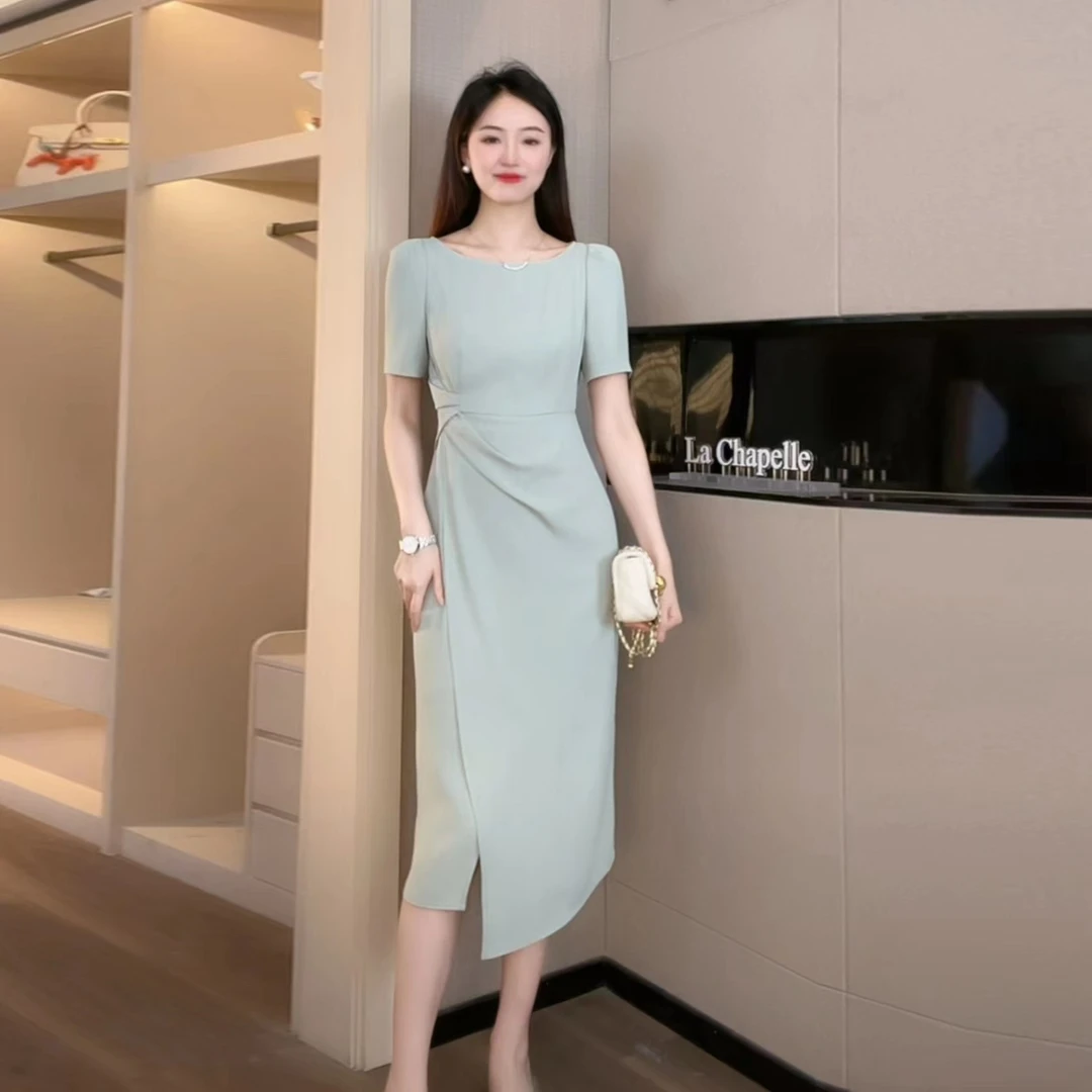 拉夏贝尔24现货夏新清凉中长一字领轻薄显瘦连衣裙 8397 LSC