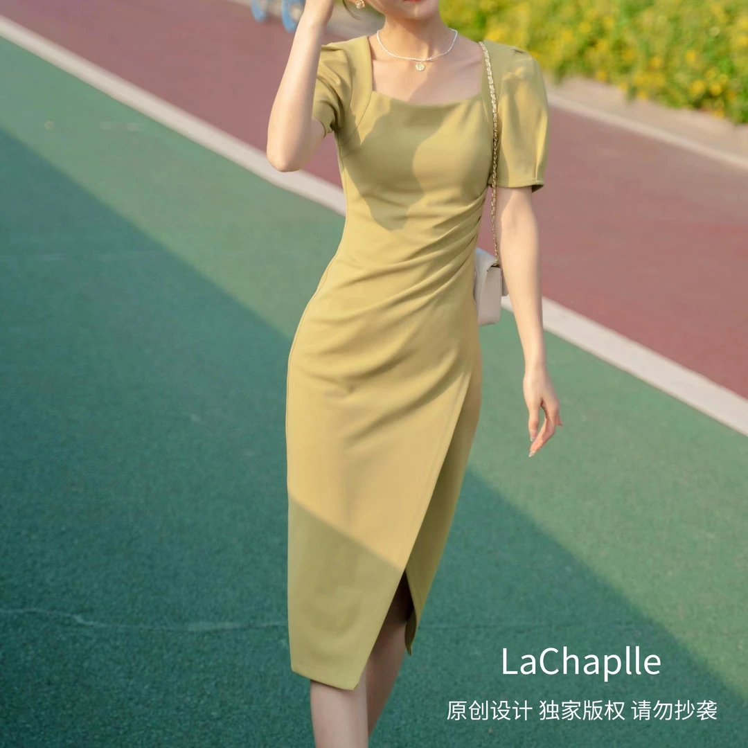 拉夏贝尔2024年春季新款复古修身清凉方领纯色a字连衣裙 6593 LSC