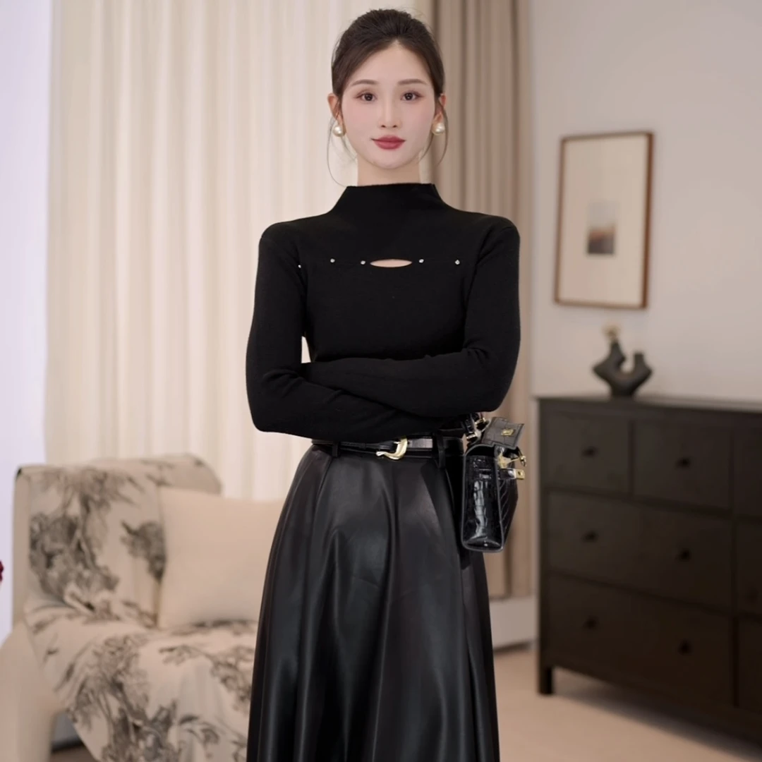 拉夏贝尔25秋气质时尚半高领内搭长袖毛衣+伞裙皮裙 10150 LHD