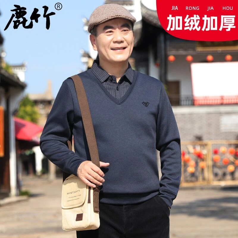 【加绒加厚】中老年爸爸冬装保暖毛衣男中年男士防寒假两件上衣
