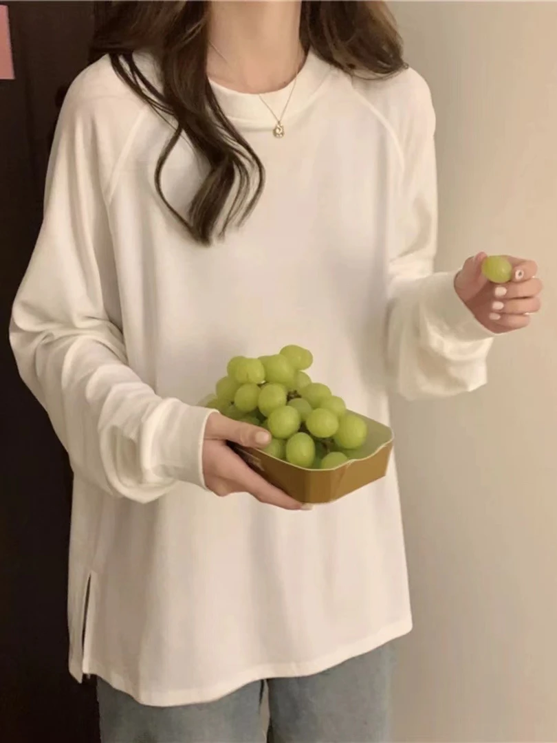 白色长袖T恤女宽松开叉设计中长款打底衫春秋内搭