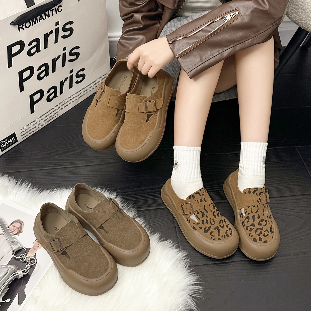 2024爆款复古皮带扣厚底休闲勃肯鞋百搭软底增高5cm踩屎感