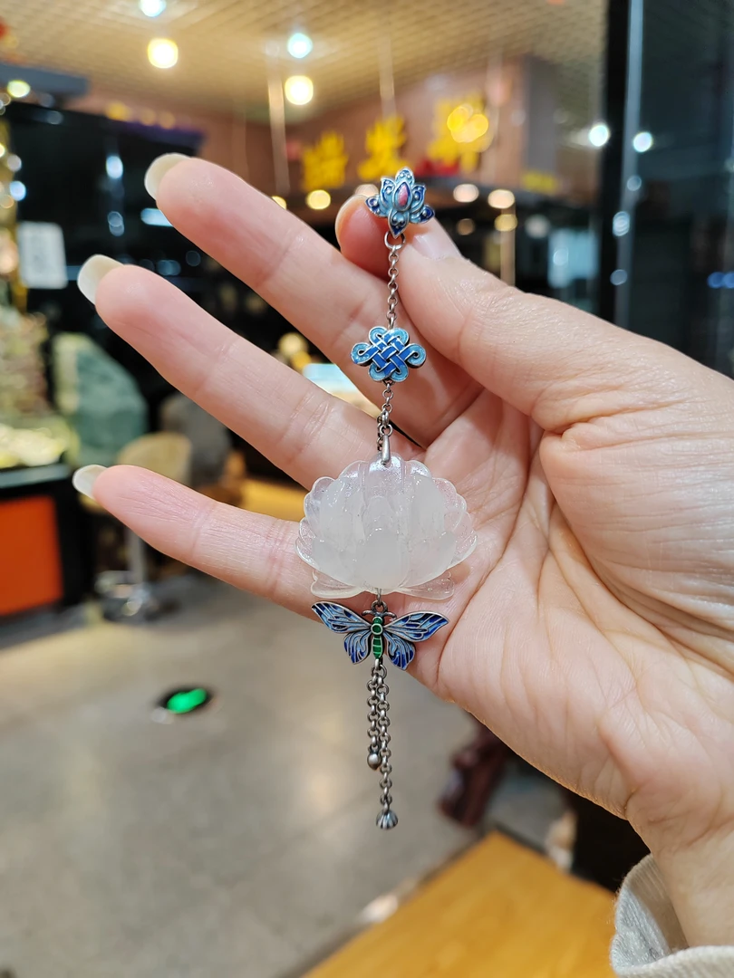 岫玉牡丹花纯银压襟旗袍汉服玉坠挂件新款