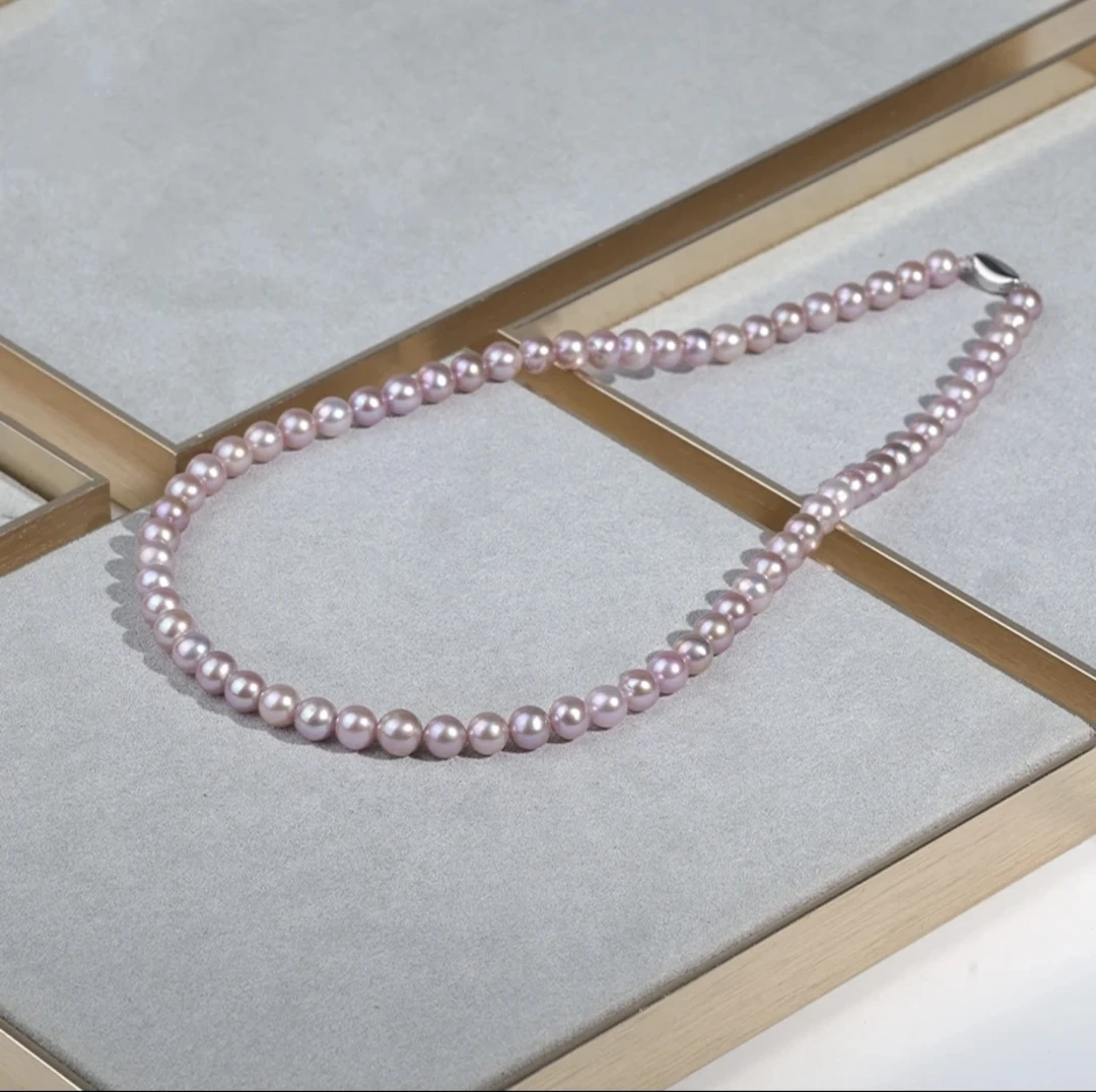 【YzzM珍珠】天然淡水极强光近正圆曼塔玫瑰紫6-7珍珠项链经典时尚