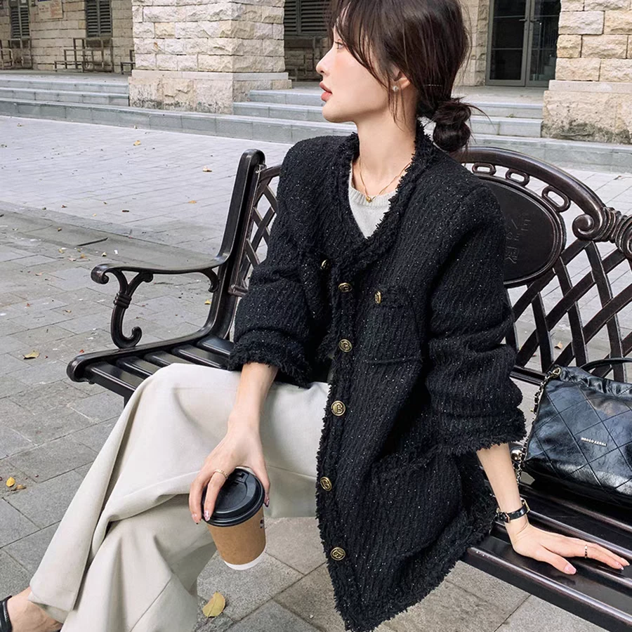 冬款中长外套小香风春秋气质网红黑色宽松名媛秋冬香风外套洋气