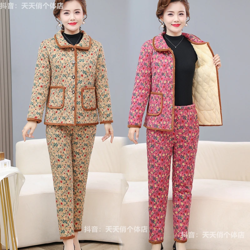 妈妈装冬季新款加绒加厚棉衣棉裤套装一整套睡衣外穿棉袄居家大码