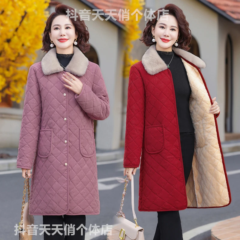妈妈冬装棉袄加绒加厚棉衣服中长款中老年女冬季外套保暖棉服纯色