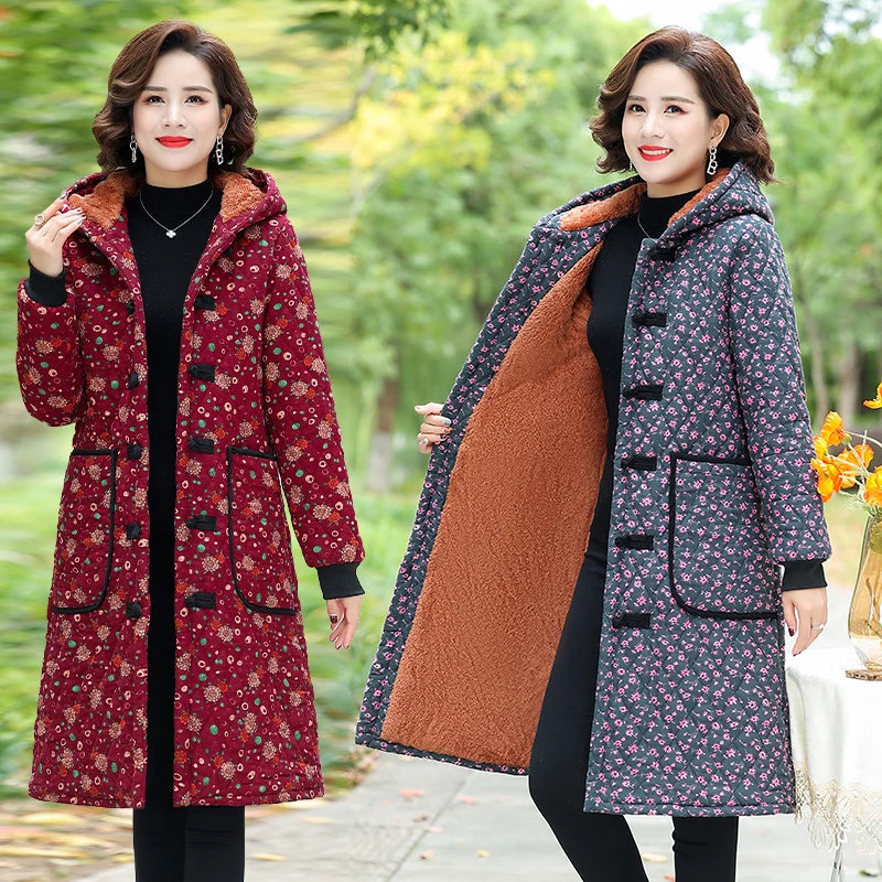 中老年加绒加厚连帽时尚碎花棉衣女棉服中长款妈妈装保暖外套棉袄