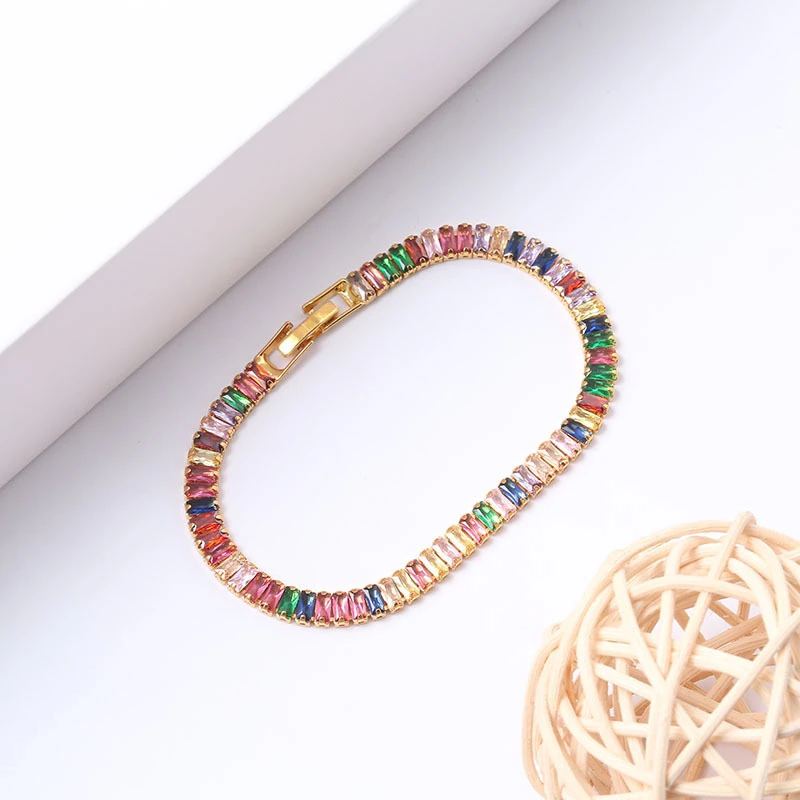 铜合金锆石手链 K042欧美爆款彩色锆石手链满钻轻奢铜镀真金保色