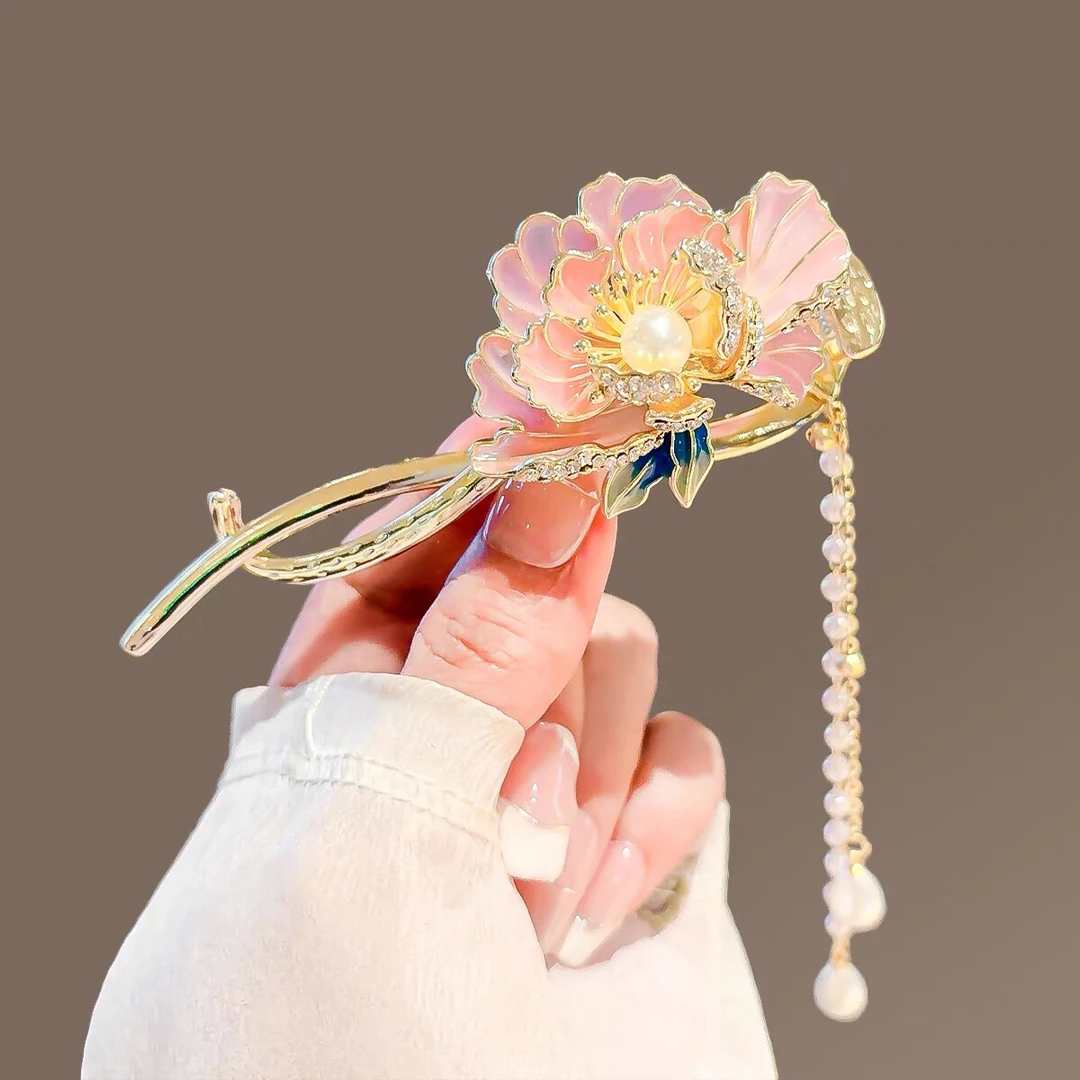 新款复古彩色牡丹花扭扭夹新中式古风高级感后脑勺一字夹盘发头饰