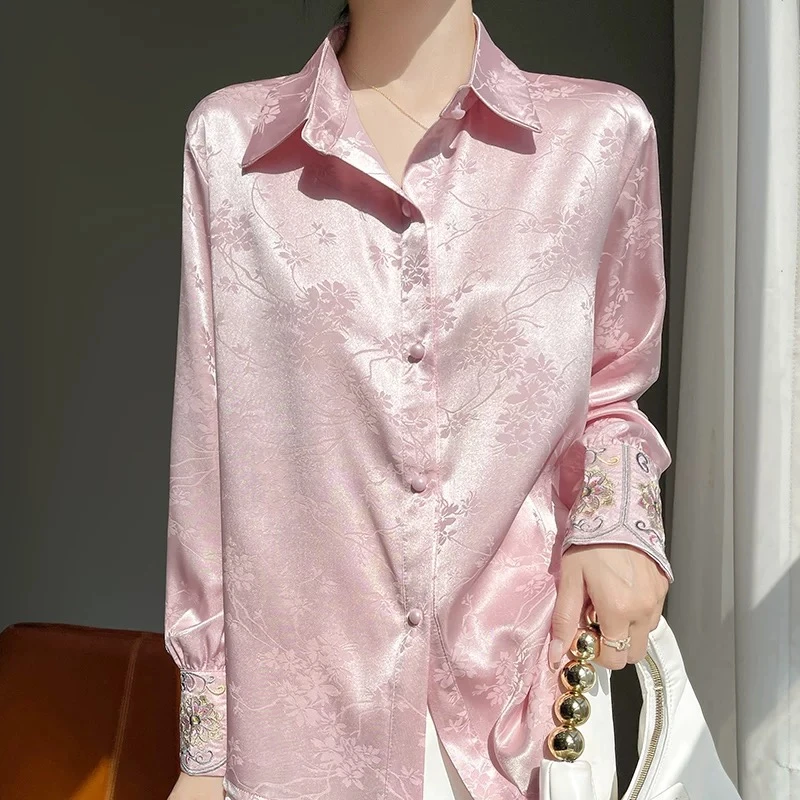 气质长袖时尚春夏小众宽松中式印花绣花粉色衬衣衬衫蕾丝女士复古