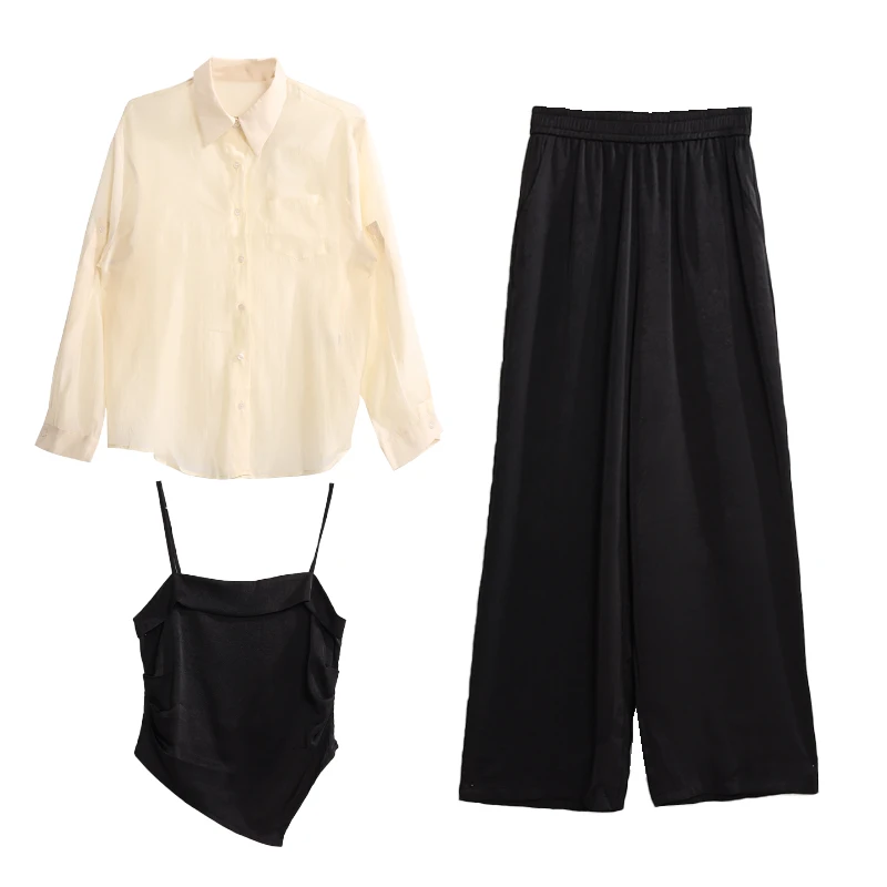 记忆的起点衬衫+吊带背心+直筒裤女夏季时尚气质套装68AQ80320