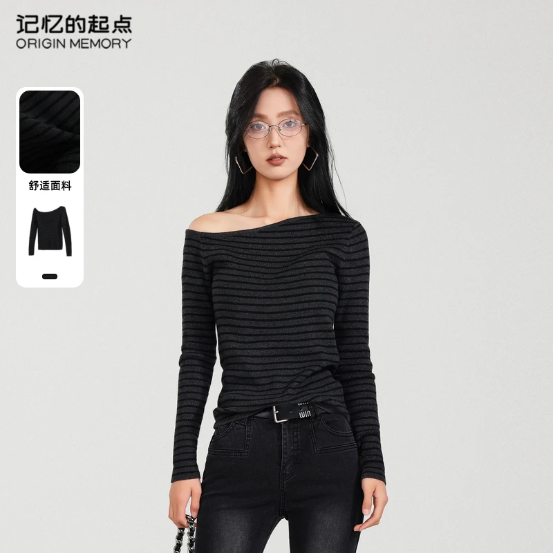 记忆的起点套头毛衣时尚冬季新设计感斜肩条纹针织上衣68GD58984