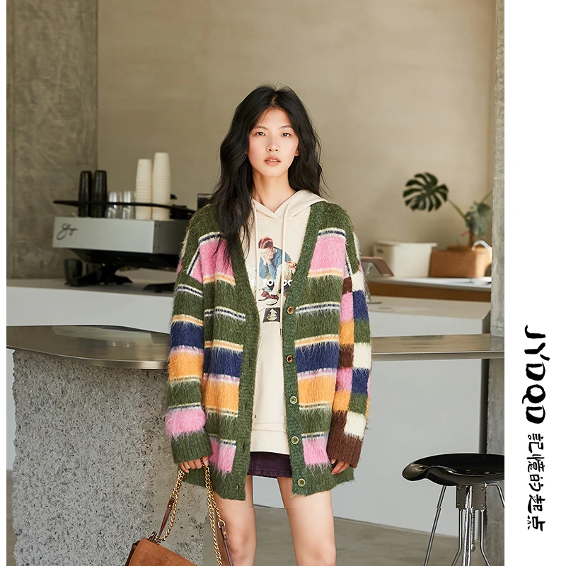 记忆的起点复古撞色彩虹条纹开衫女2023秋季针织衫外套67AD50017