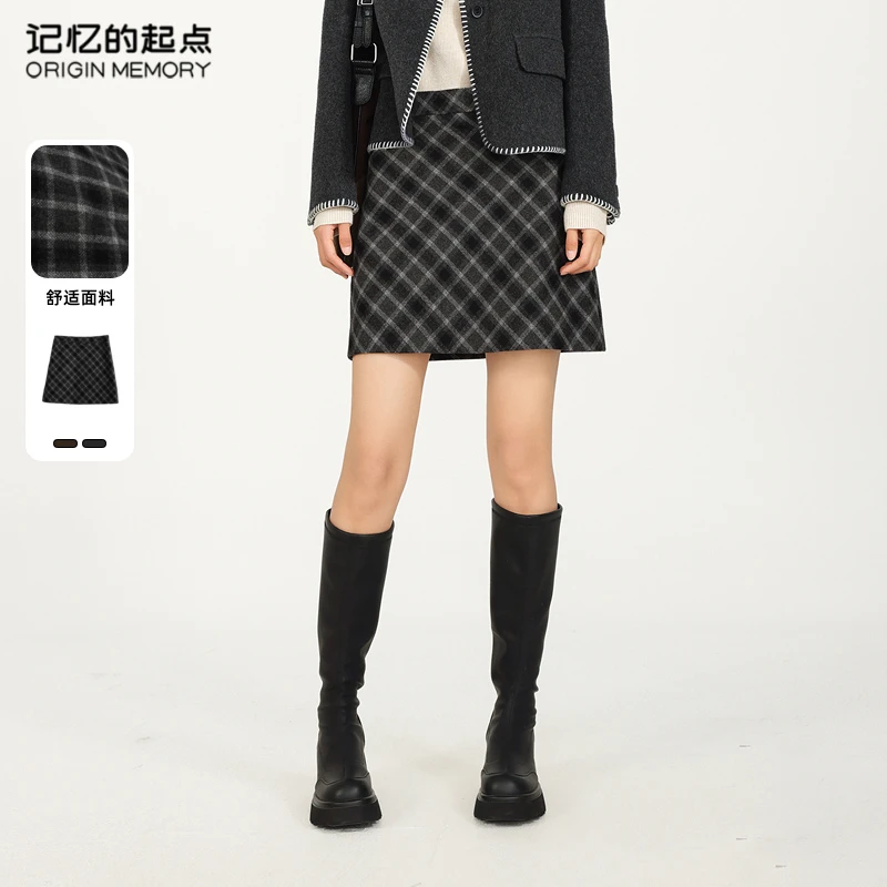 记忆的起点格纹短裙时尚冬季气质百搭休闲A字半身裙68GD6010D