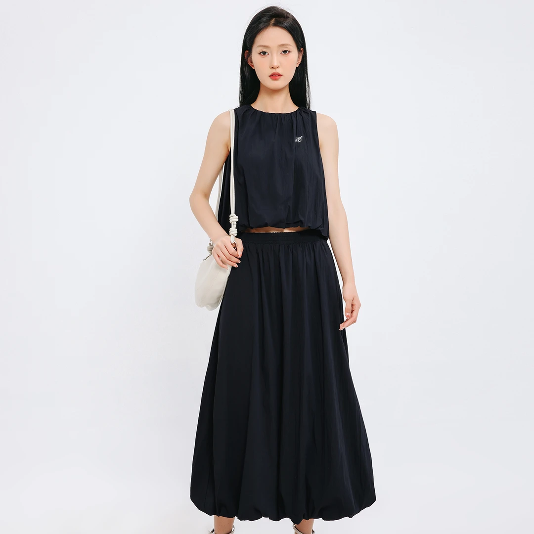 记忆的起点无袖拉链背心衬衫+松紧腰A字半身裙两件套女68AX81009