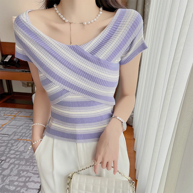 【清仓专场】纯欲风辣妹一字肩交叉拼接色短袖T恤上衣DMJ-S52905