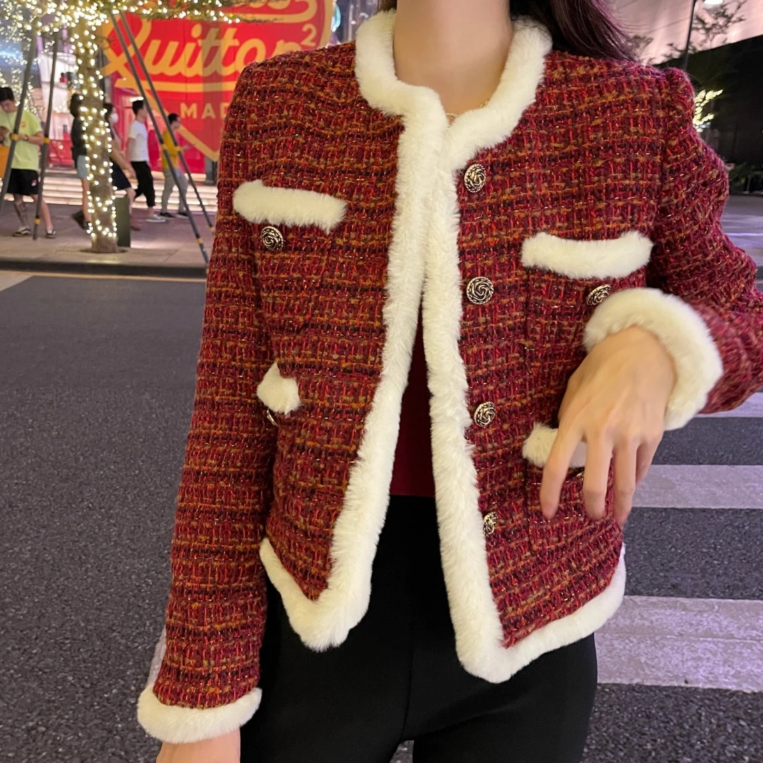 【冬款上新】冬季圣诞红色气质名媛小香风外套女DMJ-S52207