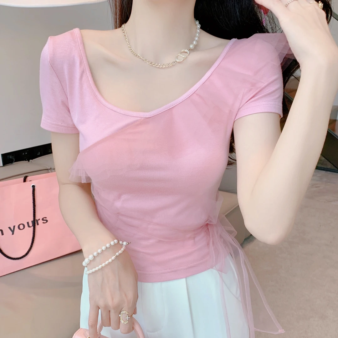 【清仓专场】原创设计小众网纱纯欲风夏季气质短袖T恤DMJ-S52765