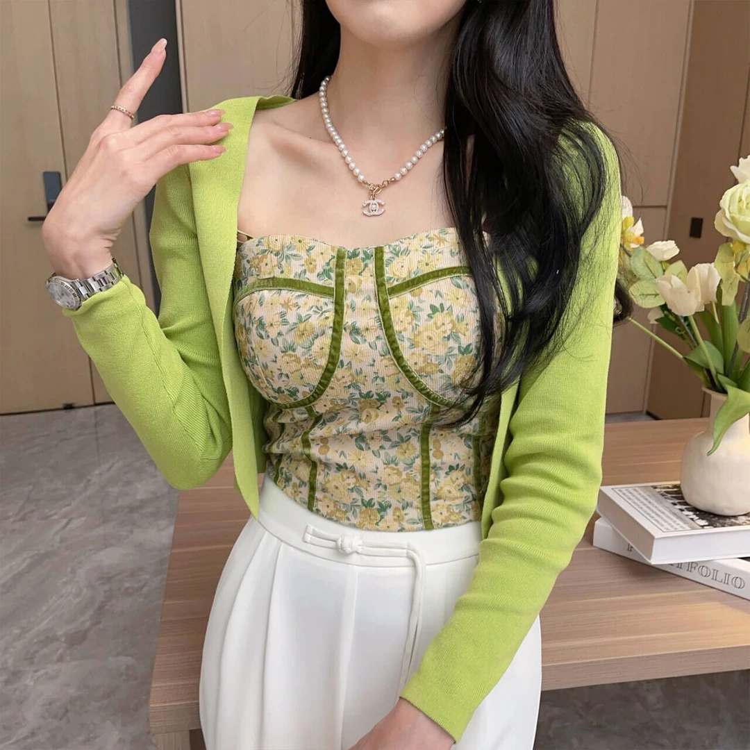 【夏款上新】纯欲辣妹一字肩鱼骨抹胸碎花吊带+纯色开衫DMJ-T54175