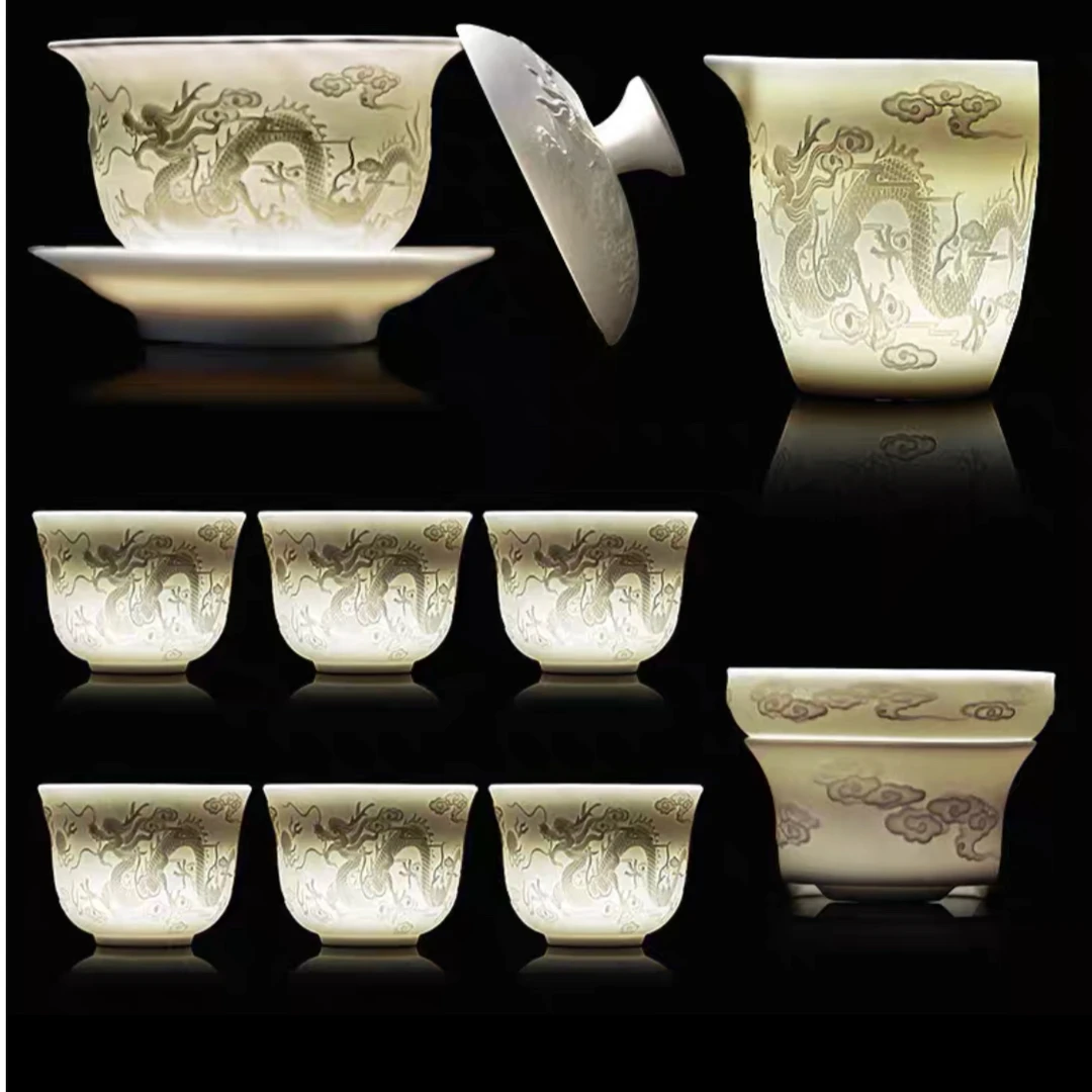 龙凤呈祥浮雕工艺整套茶具龙纹羊脂家用高档中式创意无礼盒装