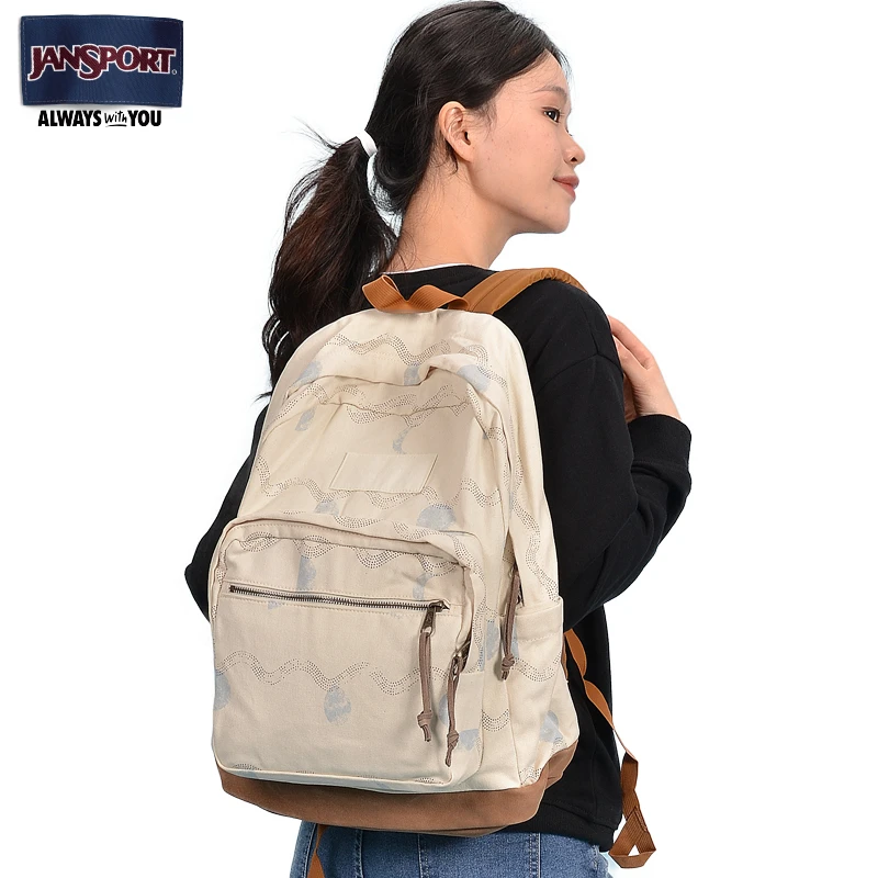 JanSport双肩包背包旅行包运动包男女学生书包皮革拼接 米白色