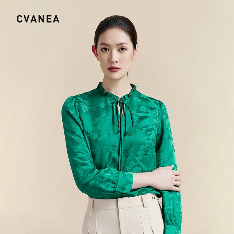CV ' 高级定制轻奢女装 新中式6A级提花缎小众真丝衬衣长袖衬衫