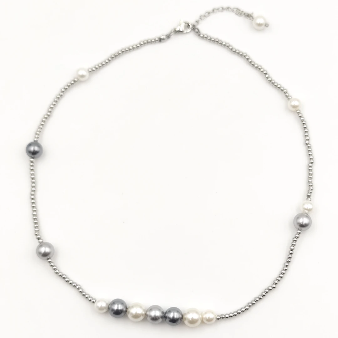 铜合金项链 贝珠2-8MM黑白灰珠项链碎银子项链小众链轻奢气质