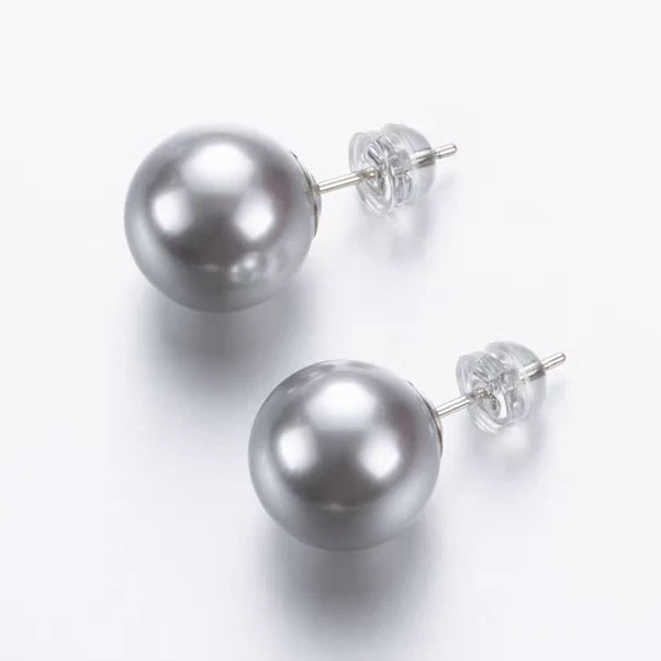 925银耳饰 8-14mm真多麻灰珠耳钉灰色珠耳饰气质百搭高级圆珠耳针