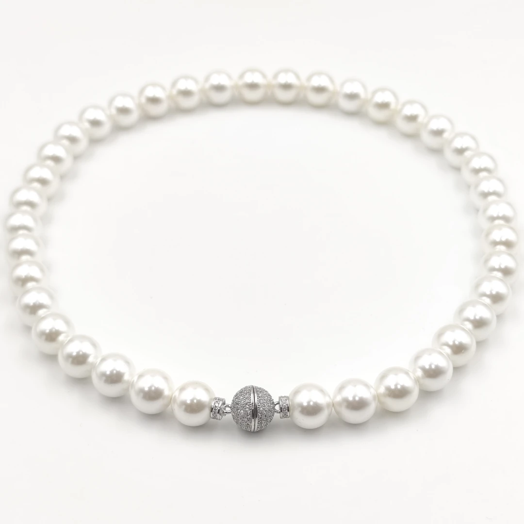 铜合金项链 12MM 贝珠磁吸圆球镶钻白珠项链全珠项链轻奢优雅项链