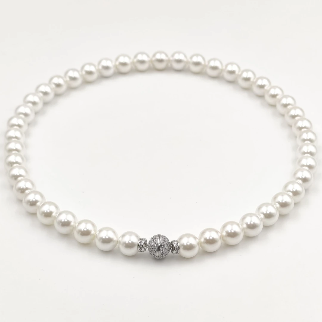 铜合金项链 10MM 磁吸圆球镶钻白珠项链全珠项链轻奢优雅项链